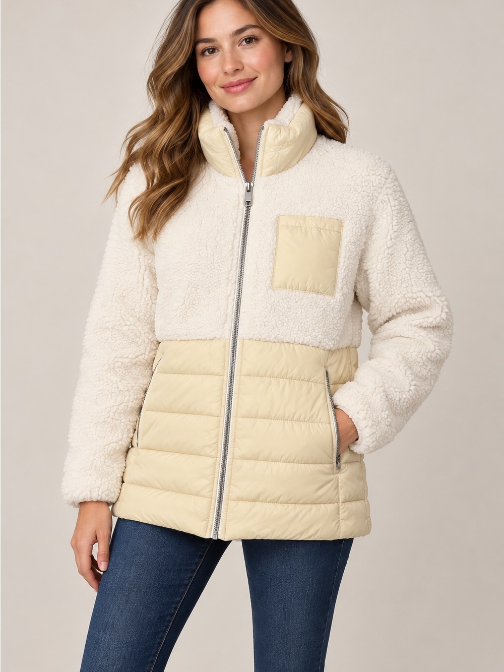 SOIA & KYO Sherpa & Quilted Jacket Cream Vanilla Size L